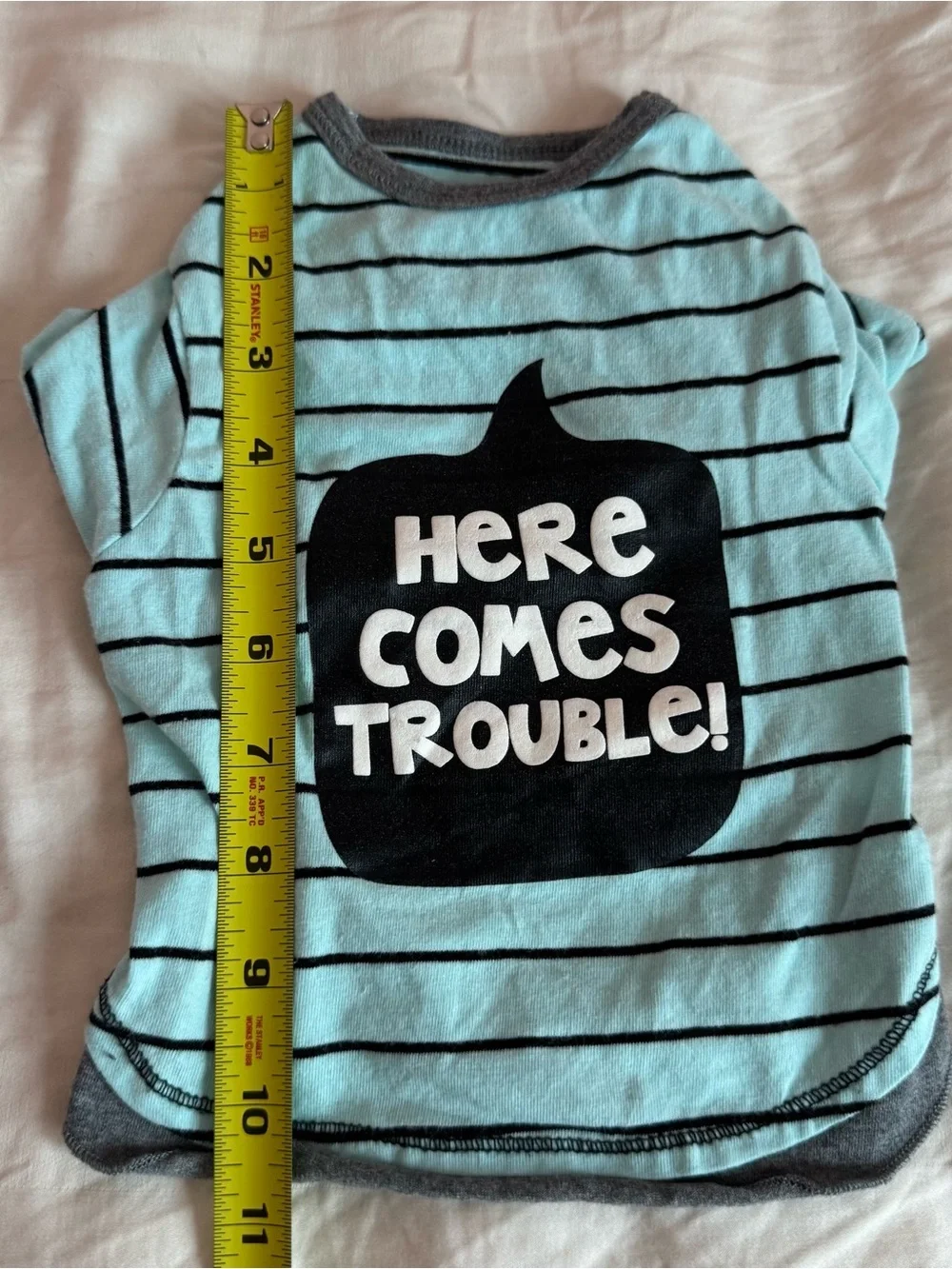 Dog Light Blue Striped 'Here Comes Trouble' T-Shirt Size Small